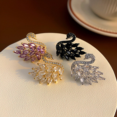 S925银针气质轻奢微镶锆石天鹅耳钉精致时尚简约百搭银针耳环耳饰