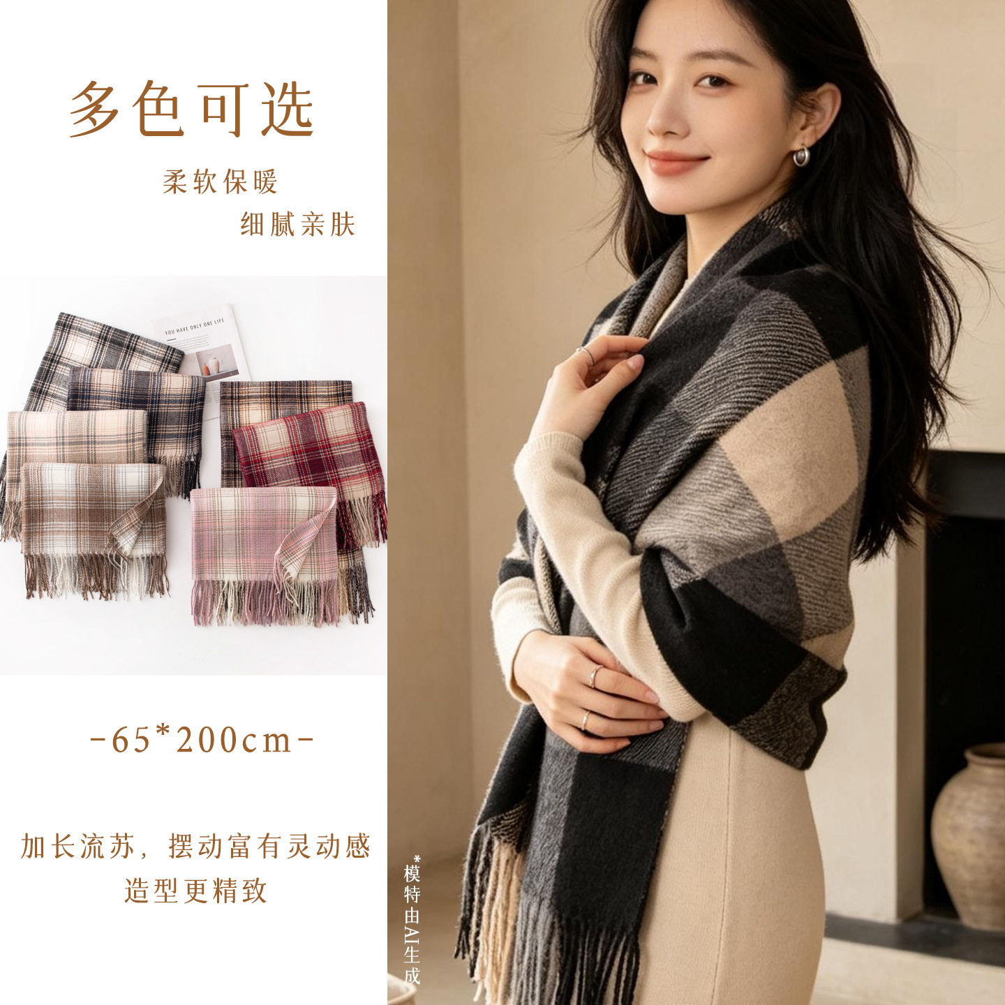 秋冬加厚格子围巾女生冬季情侣学生围脖保暖时尚通勤流苏披肩韩系