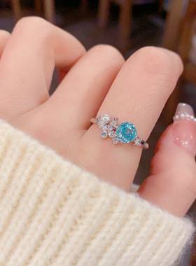 日韩精致时尚甜美百搭蓝色冰花玫瑰切锆石开口戒小众简约设计指环
