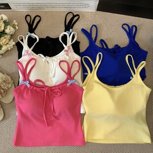 bm芭蕾风蝴蝶结系带美背少女背心带胸垫裹胸修身打底短款无袖上衣