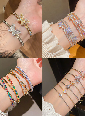 法式锆石蝴蝶双层开口手镯轻奢高级感手环个性精致时尚百搭手饰女