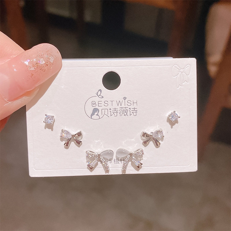精致银针蝴蝶结锆石猫眼小耳钉三对装 女气质韩版轻奢耳钉6件套装