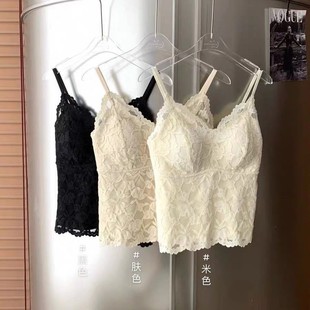 春夏新款冰丝蕾丝羽毛纱吊带背心女带胸垫可外穿修身百搭无痕背心