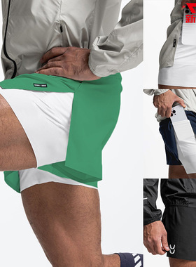 黑白蓝绿色高开叉青年男士人生弹力透气假两件三分双层运动短裤子