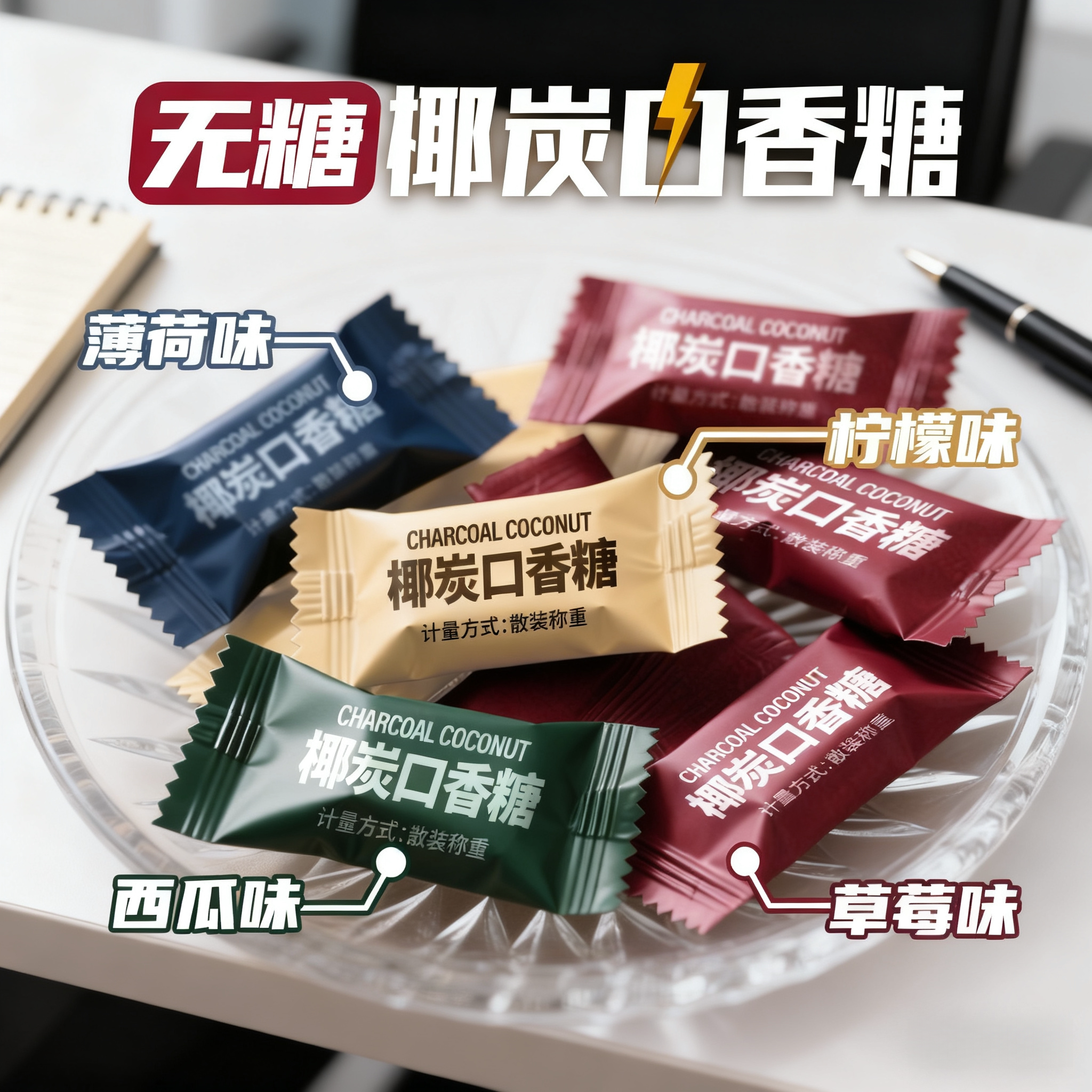 草莓味口香糖椰炭无糖口香糖口气清新持久椰碳木糖醇维C糖果泡泡