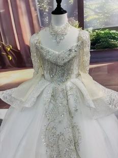 儿童礼服女童婚纱蓬蓬裙长袖香槟色主持生日钢琴唱歌演讲