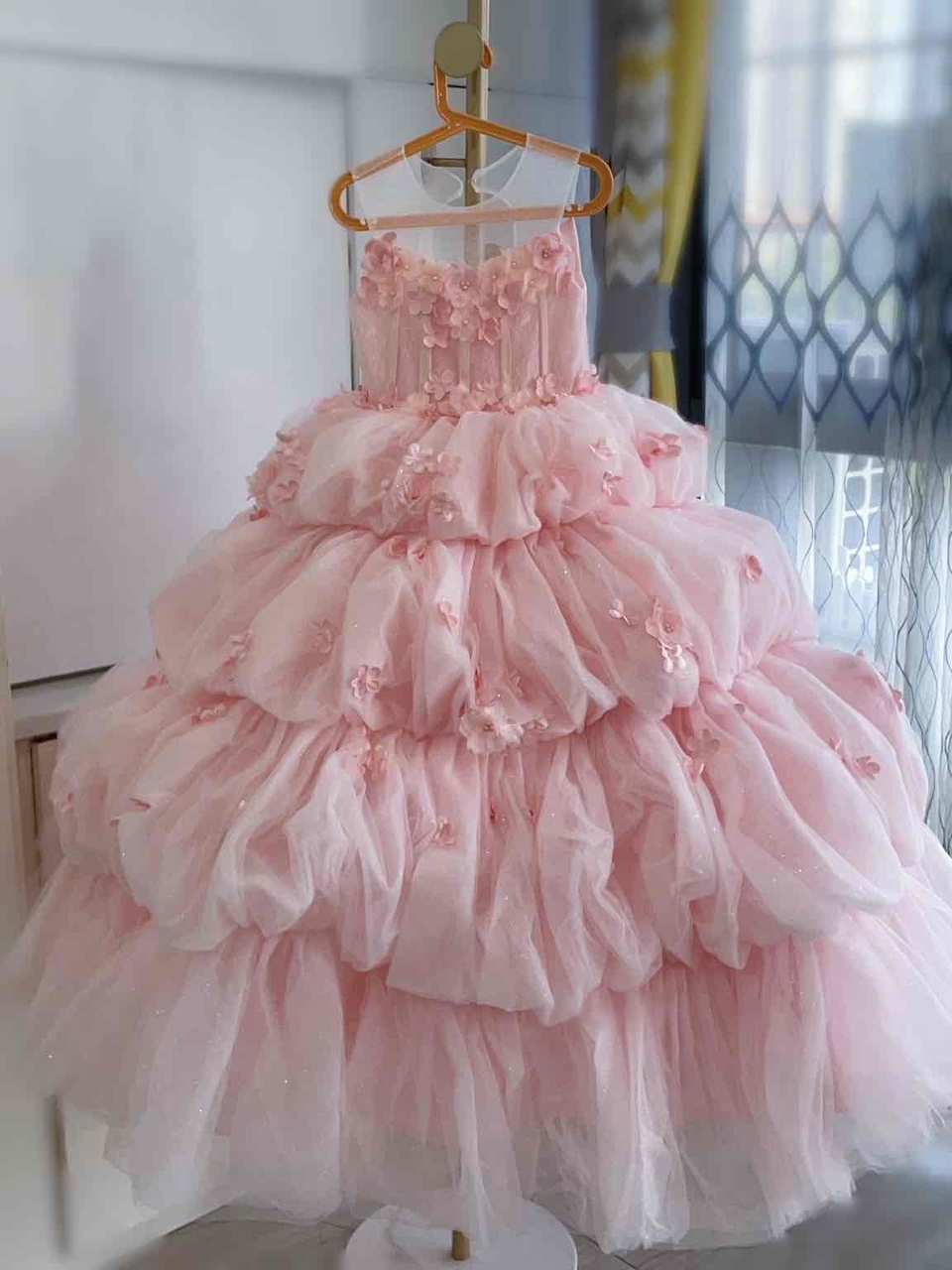 粉色花朵女童公主裙主持钢琴演出生日聚会长款礼服裙蛋糕裙
