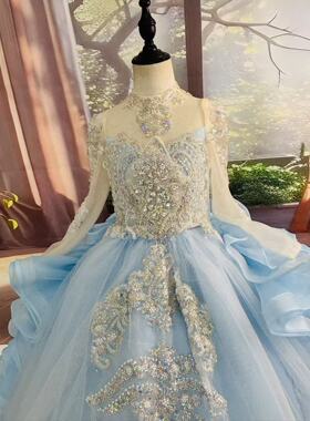 儿童浅蓝色甜美长款公主裙女童晚礼服主持钢琴晚宴演出礼服