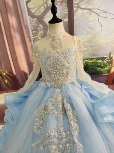 儿童浅蓝色甜美长款公主裙女童晚礼服主持钢琴晚宴演出礼服