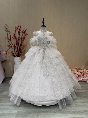 女童生日礼服主持人儿童婚纱裙花童公主裙小女孩高端钢琴演出服