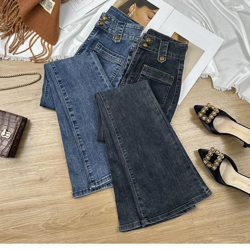 春秋新款微喇牛仔裤女学生弹力高腰宽松显瘦小个子马蹄九分喇叭裤