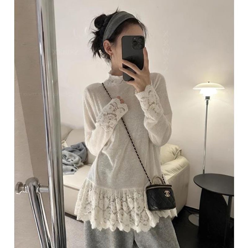 时尚百搭秋季新款简约纯色修身显瘦蕾丝长袖常规圆领打底衫上衣