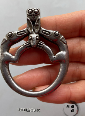 仿古藏式古玩天铁鹿头瑞兽法器挂件寒铁兽环吊坠铜手把件配饰