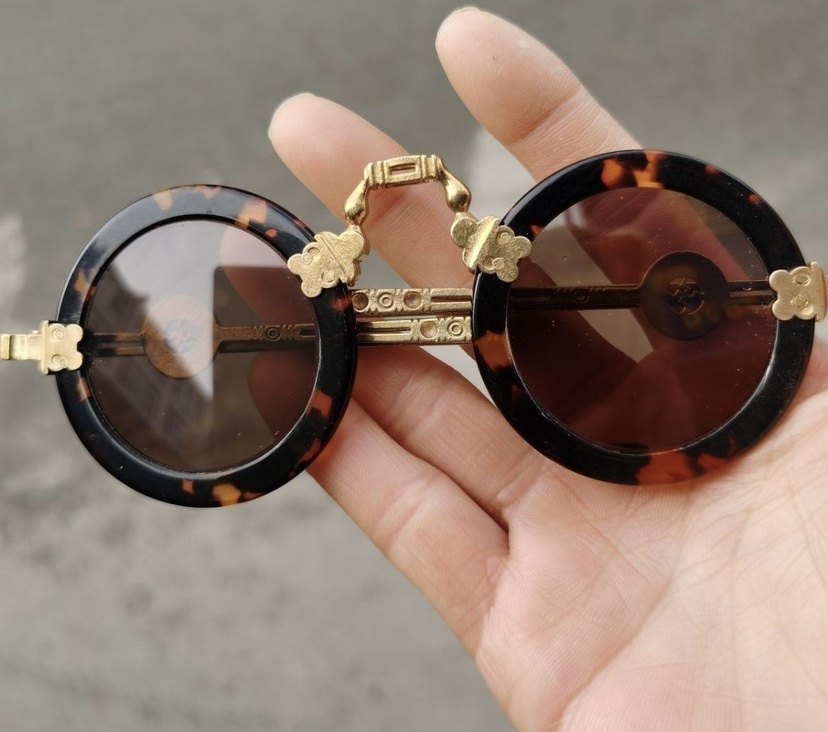 民国仿古墨镜老水晶眼镜天然石头镜古玩纯铜镜框眼镜古铜色圆形