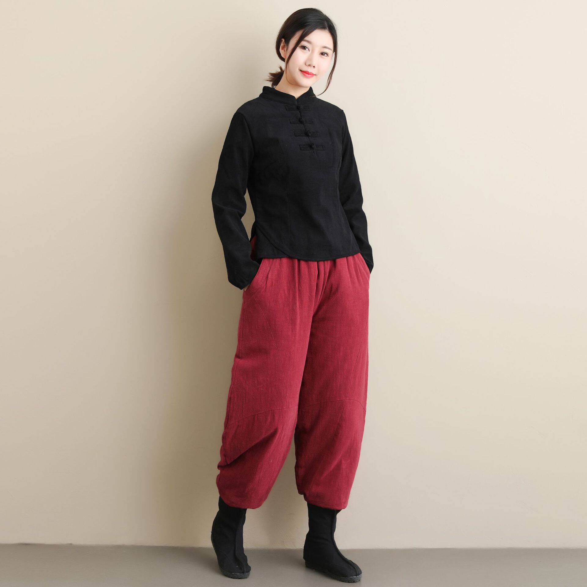 秋冬新款棉裤女纯色高腰棉麻裤复古文艺风休闲裤立体剪裁中国汉服