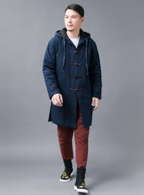 秋冬带帽古风外套休闲中长款棉服