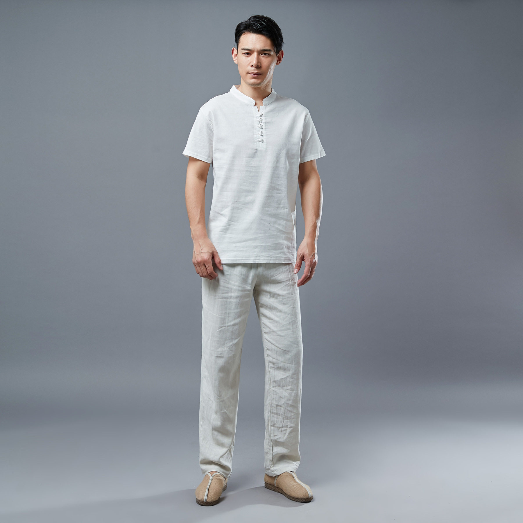 中国风汉服唐装立领麻棉短袖休闲衬衫男弹力棉麻T恤云南民族古装