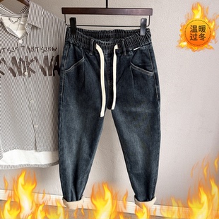 抓绒保暖抗风宽松直筒弹抽绳牛仔裤 加厚款 2025冬季 松紧腰老爹裤