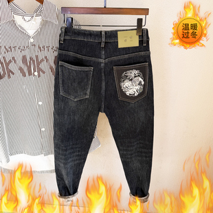 九分厚绒 2025冬季新款高端男士抗寒保暖加绒修身锥形牛仔长裤9分