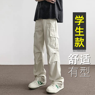 夏季薄款裤子男初中高中学生帅气直筒休闲裤大童青少年运动工装裤