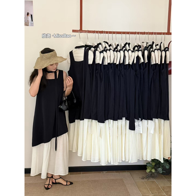 大方不规则拼接设计显瘦连衣裙(配脖带)YS1-5918