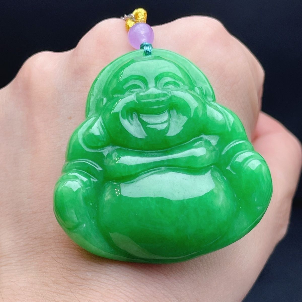 天然缅甸翡翠冰糯种满绿笑佛大肚佛女款豆绿弥勒佛吊坠玉石玉坠子
