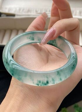 冰种独龙玉手镯翡翠色飘花高冰透正圈手镯女款玉镯送礼玉石手镯子