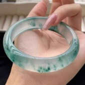 冰种独龙玉手镯翡翠色飘蓝花高冰冰透正圈手镯女款 玉镯玉石手镯子