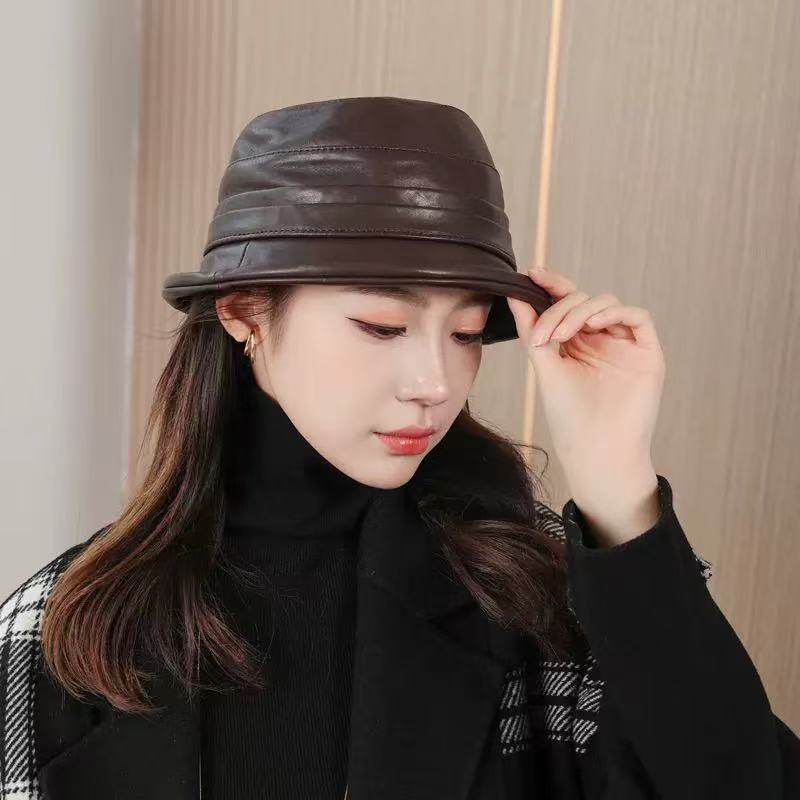经典真皮渔夫帽女士秋冬小羊皮软顶礼帽显瘦小众帽子秋冬款休闲潮