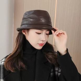 经典真皮渔夫帽女士秋冬小羊皮软顶礼帽显瘦小众帽子秋冬款休闲潮