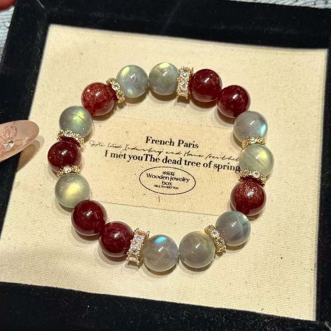 天然水晶原创手链 灰红撞色 灰手链