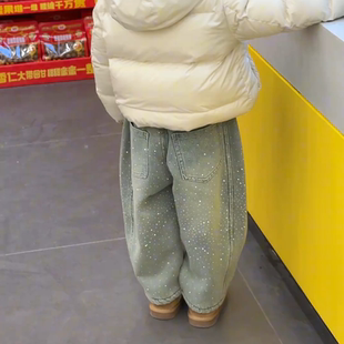 【新年款】女童时尚加绒加厚满钻爆闪牛仔裤2026冬新款中小童长裤