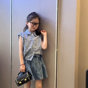 韩系女童套装2026新款儿童洋气翻领花边袖排扣格子衬衫牛仔半身裙