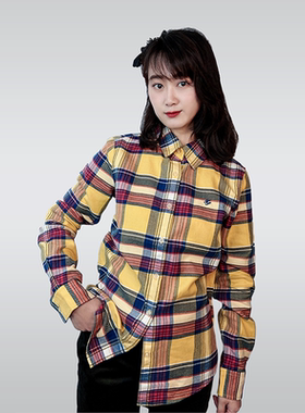 RTW现货女式韩版潮流拼色格子纯棉长袖衬衫修身显瘦衬衣TSWC33309