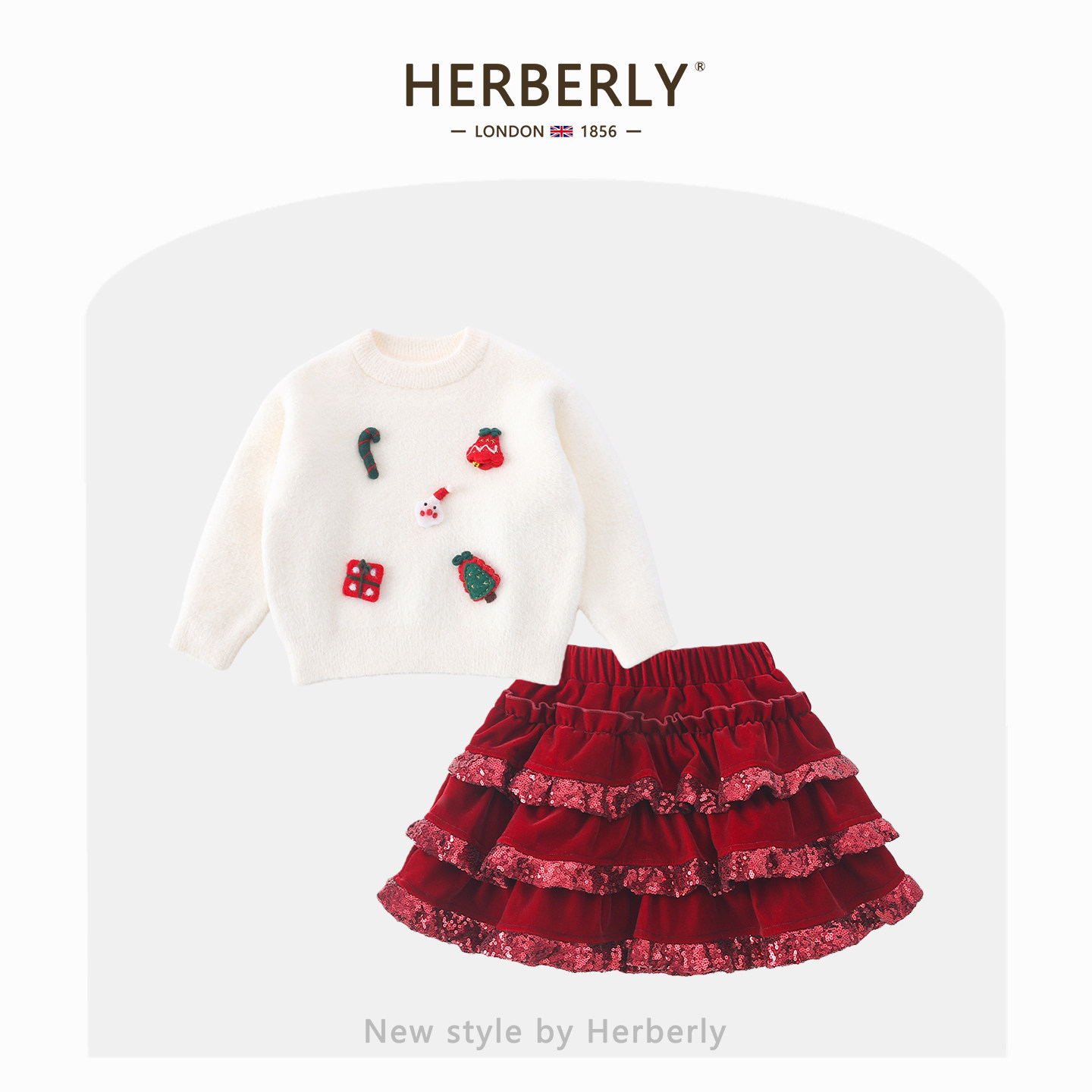 赫柏莉HERBERRY女童圣诞节套装冬季洋气儿童水貂绒毛衣丝绒蓬蓬裙