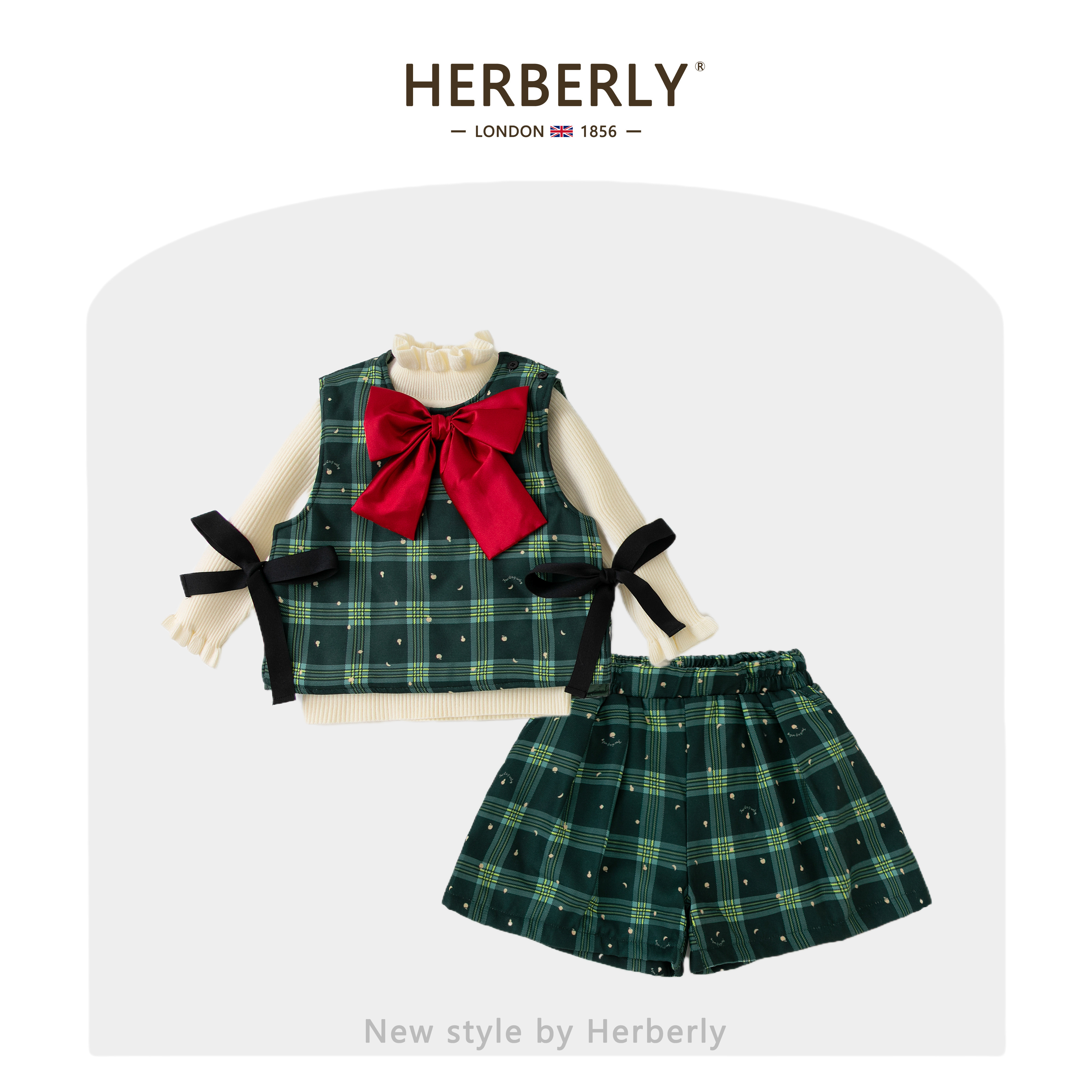 赫柏莉HERBERRY女童圣诞套装秋冬装洋气小女孩毛呢马甲短裤两件套