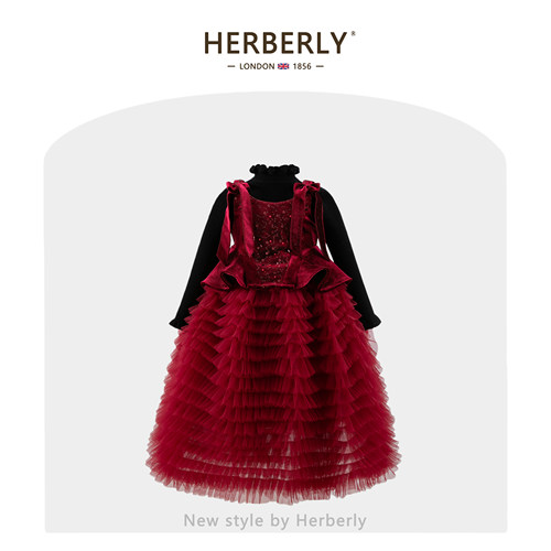 赫柏莉HERBERRY女童新年圣诞礼服裙秋冬高端小女孩亮片蓬蓬公主裙