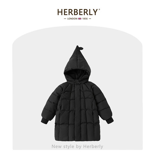 赫柏莉HERBERRY女童90白鸭绒中长款外套冬装女宝宝保暖连帽羽绒服