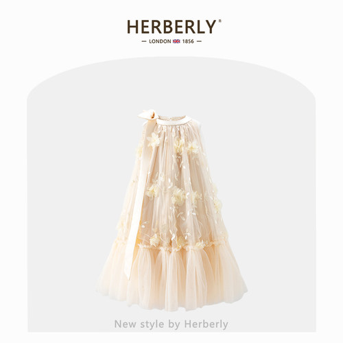 赫柏莉HERBERRY女童挂脖网纱礼服裙夏季小女孩立体花朵生日公主裙