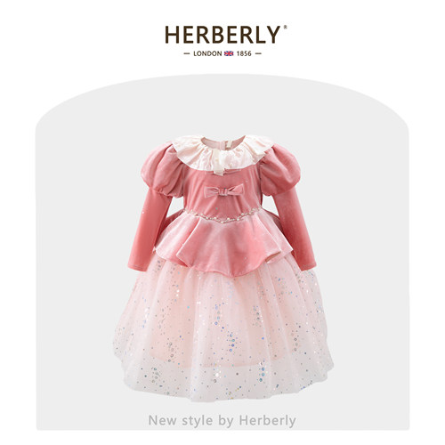 赫柏莉HERBERRY女童法式丝绒连衣裙冬装洋气小女孩亮片网纱礼服裙