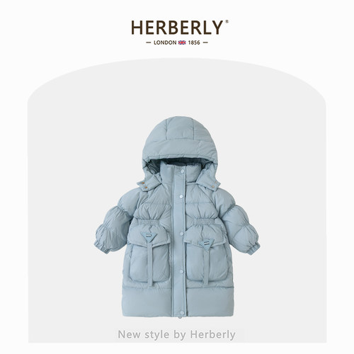赫柏莉HERBERRY女童三防羽绒服冬装洋气女宝宝中长款90白鸭绒外套
