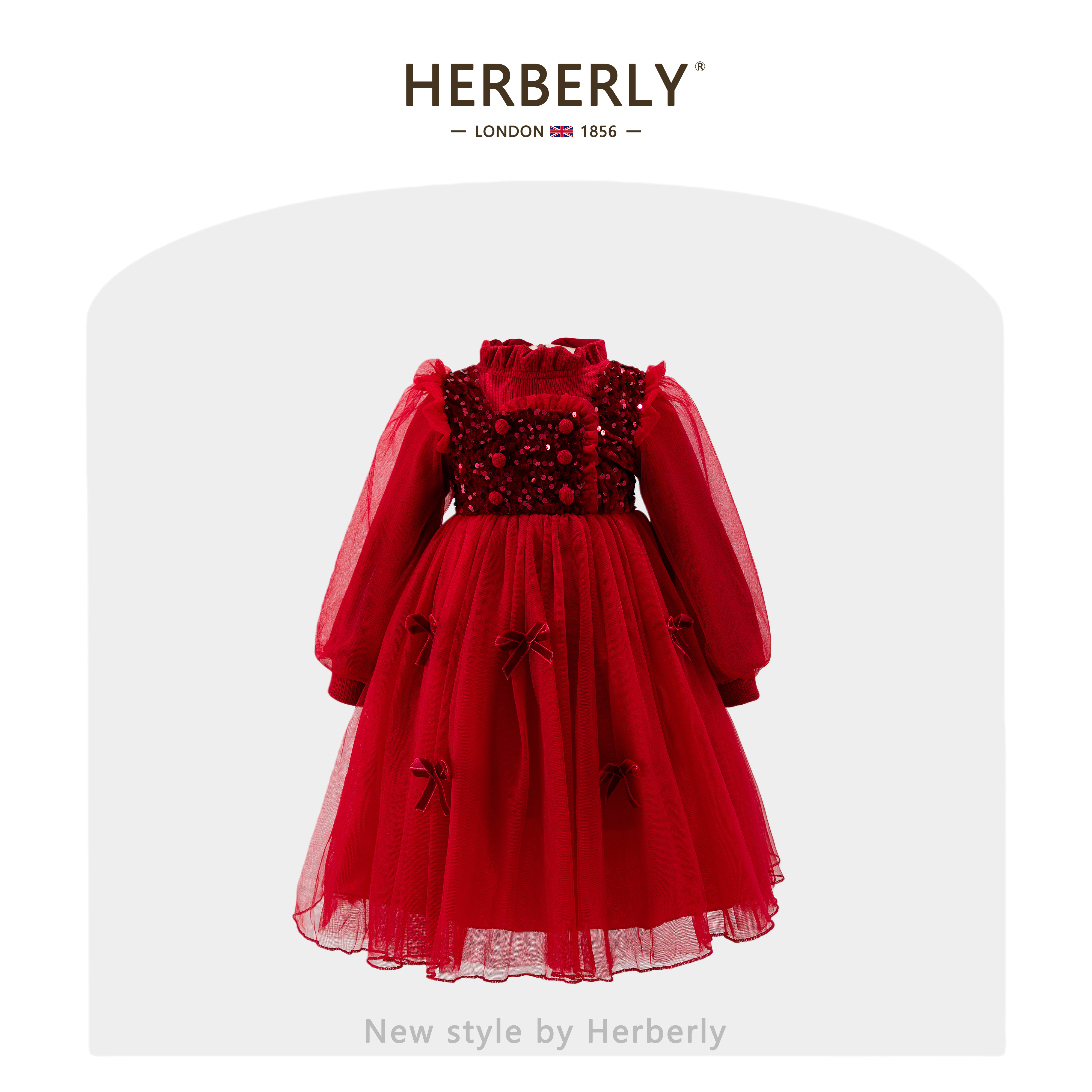 赫柏莉HERBERRY女童加绒红色连衣裙冬装洋气宝宝蝴蝶结网纱公主裙