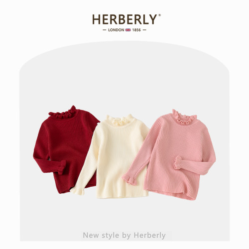 赫柏莉HERBERRY女童针织衫秋冬季百搭女宝宝木耳边毛衣儿童打底衫