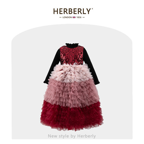 赫柏莉HERBERRY女童渐变网纱蛋糕裙冬装新年小女孩亮片礼服蓬蓬裙