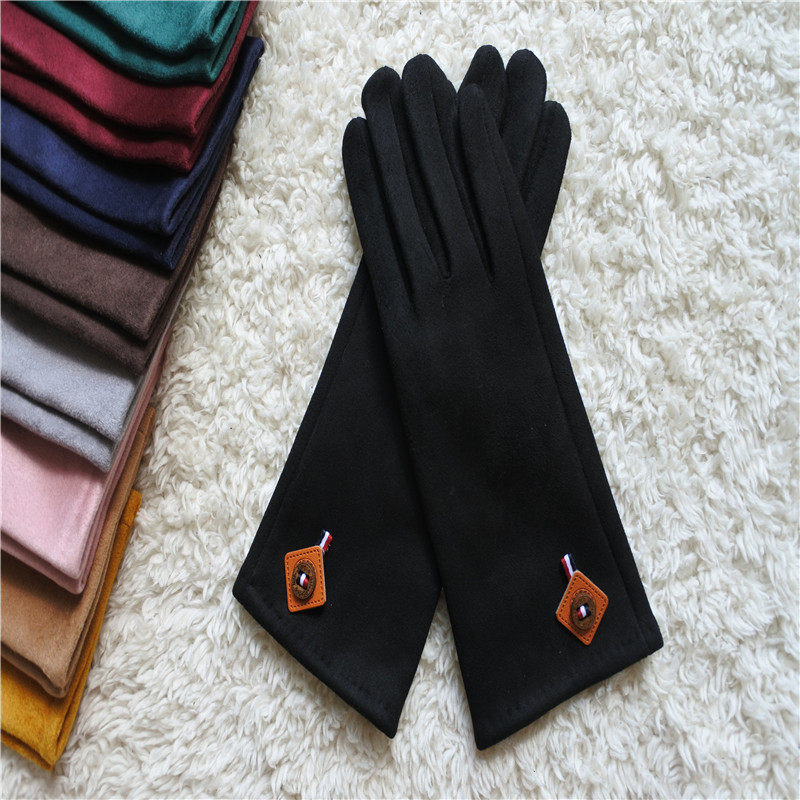新款韩版女士加绒触屏秋冬保暖麂皮绒手套薄款开骑车可爱鹿皮手套