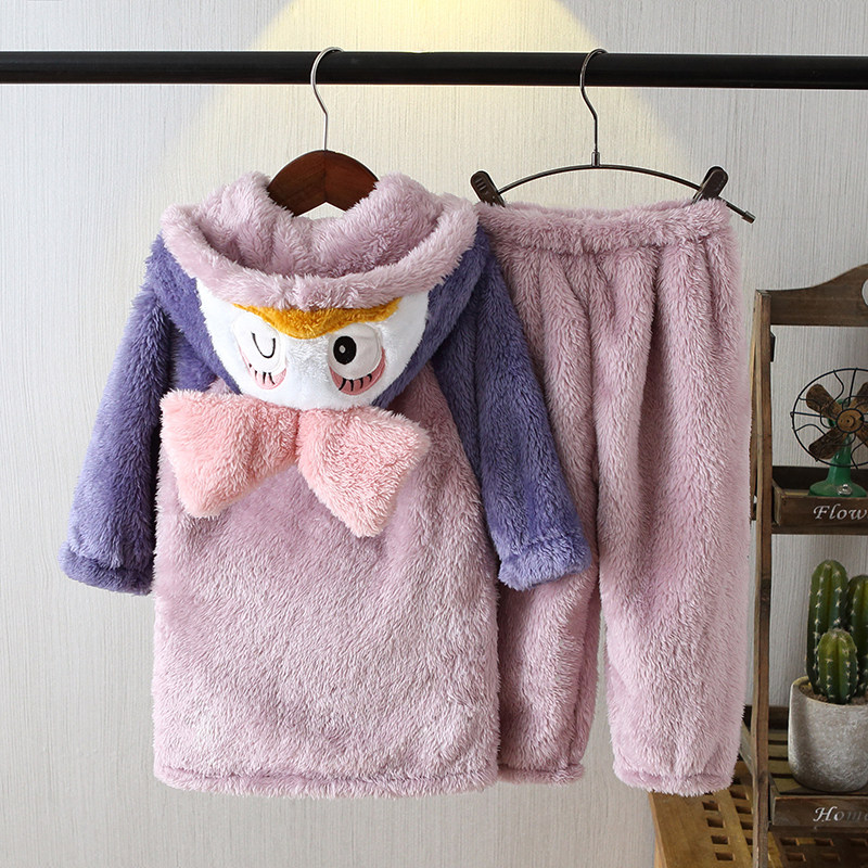 女童法兰绒睡衣中长款儿童家居服秋冬小女孩睡衣带帽珊瑚绒套装