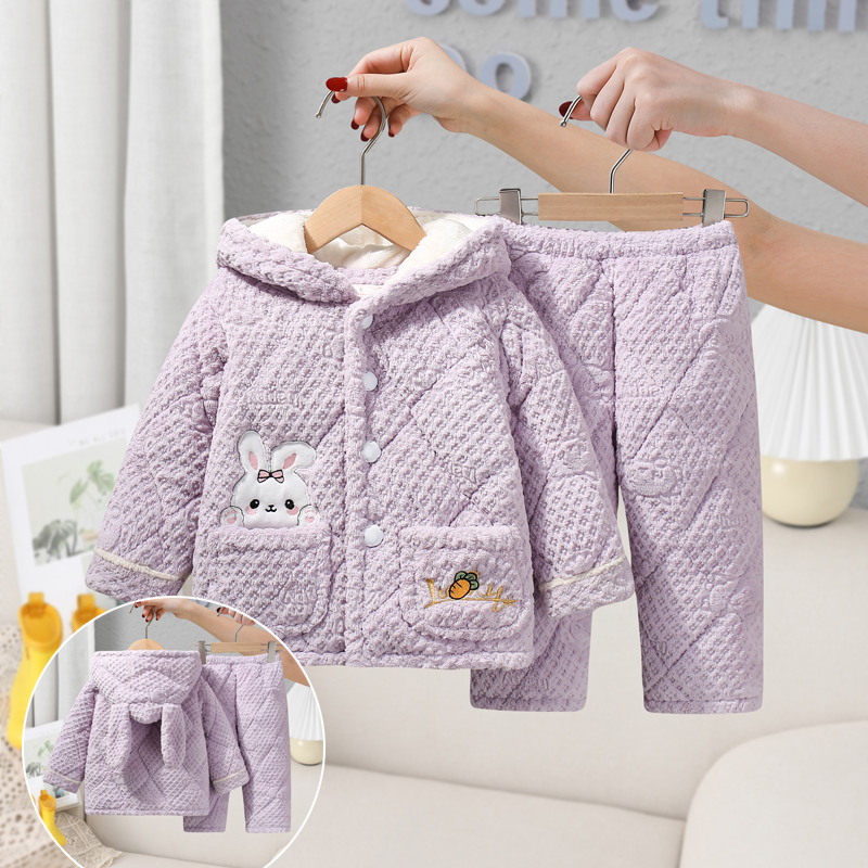 儿童法兰绒睡衣加厚冬季款儿童女孩珊瑚绒宝宝三层夹棉家居服套装
