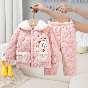 卡通加厚夹棉女童家居服冬季三层夹棉儿童睡衣套装女童粉色家居服