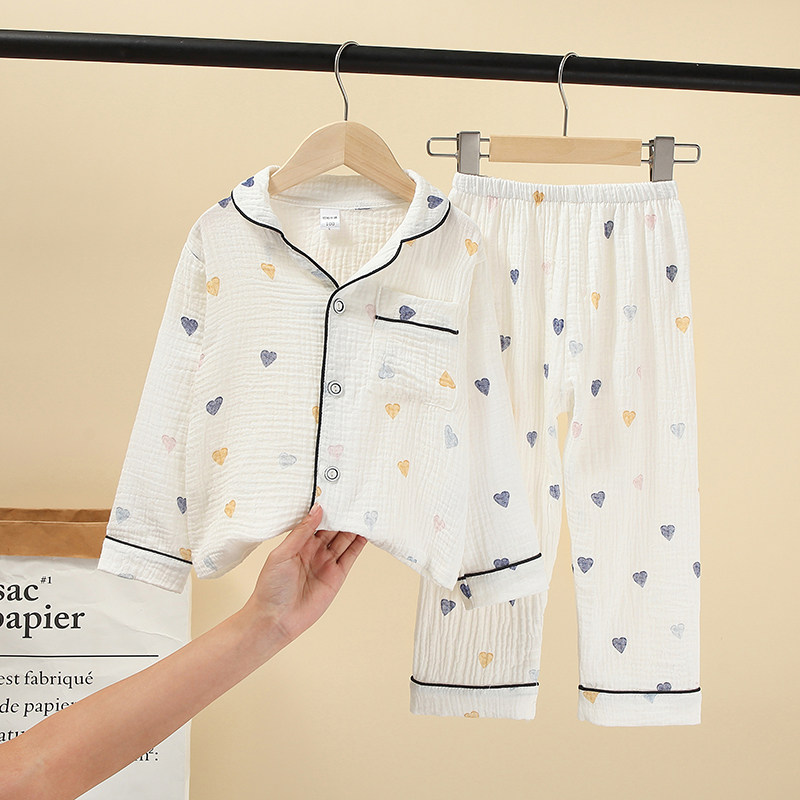 儿童家居服夏季薄款男童女童长袖套装纯棉小童睡衣棉纱宝宝空调服