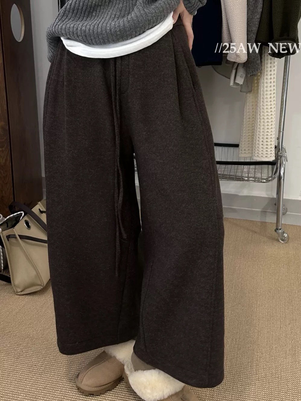 欧货 秋冬加绒弯刀裤 新款松紧腰休闲裤 显瘦百搭阔腿九分裤